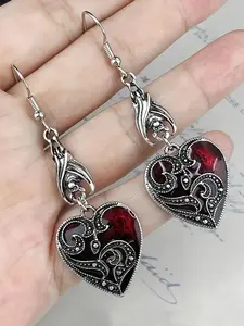 1pair Retro Gothic Bat Heart Shaped Alloy Dangle Earrings For Men, Halloween Holiday Gift