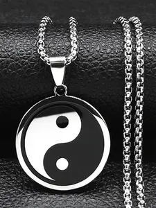 Yin Yang Gossip Necklace for Women/Men Unisex Stainless Steel Silver Color Ba Gua Taichi Chain collar acero inoxidable Yin Yang Charm Necklace, Unisex Necklace