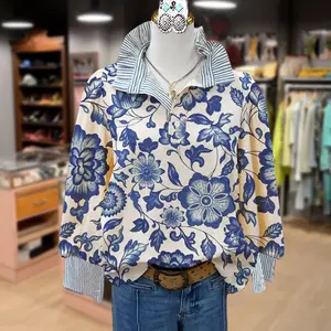 Cherrybetty Elegant Floral Print Striped Collar Long Sleeve Blouse Blue & White Floral Design for Versatile Wear Women's Fashion Top SpringStatements