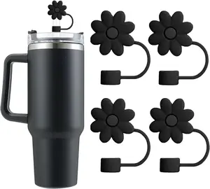 Black Flower Straw Covers Toppers for Cups 30&40 Oz Tumbler Accessories 4PCS Silicone Straw Caps Reusable Straw Tips Protectors for Stanley Cup 10mm 0.4in Straws, Drinkware Accessories Glass Indoor