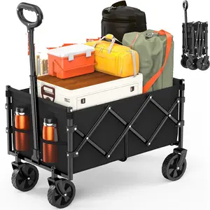 Foldable Wagon with Wheels, Large Capacity Utility Wagon Portable Heavy Duty Collapsible Beach Cart for Shopping, Sports, Camping，Garden，Grocery - Black
