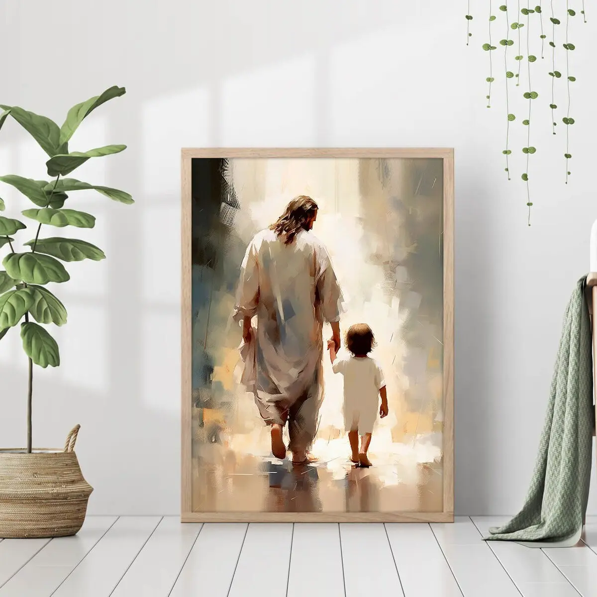 Jesus Embracing Child Wall Art – Christian Nursery Print, Faith-Based Poster Gift, Christ and Boy Illustration for Living Room, Room Decor, Unframed
