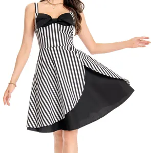 Women's striped camisole patchwork bow A-line skirt retro dress cocktail dress