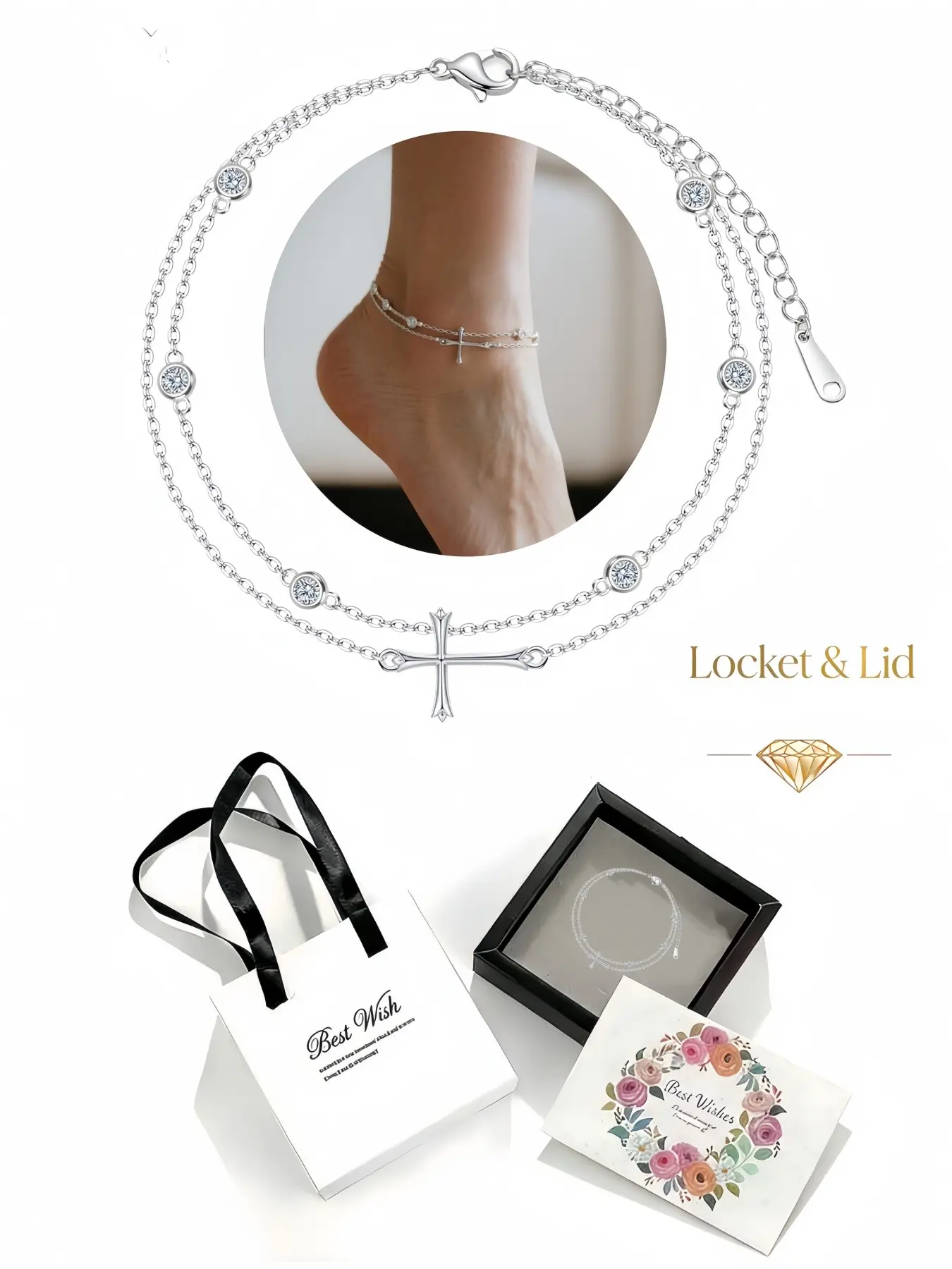 Light of Faith New summer cross beaded anklet, Elegant accessory, luxury diamond-embedded fade-proof foot chain, matched with drawer jewelry gift box, ideal gift for women for birthdays, Mother's Day, Valentine's Day