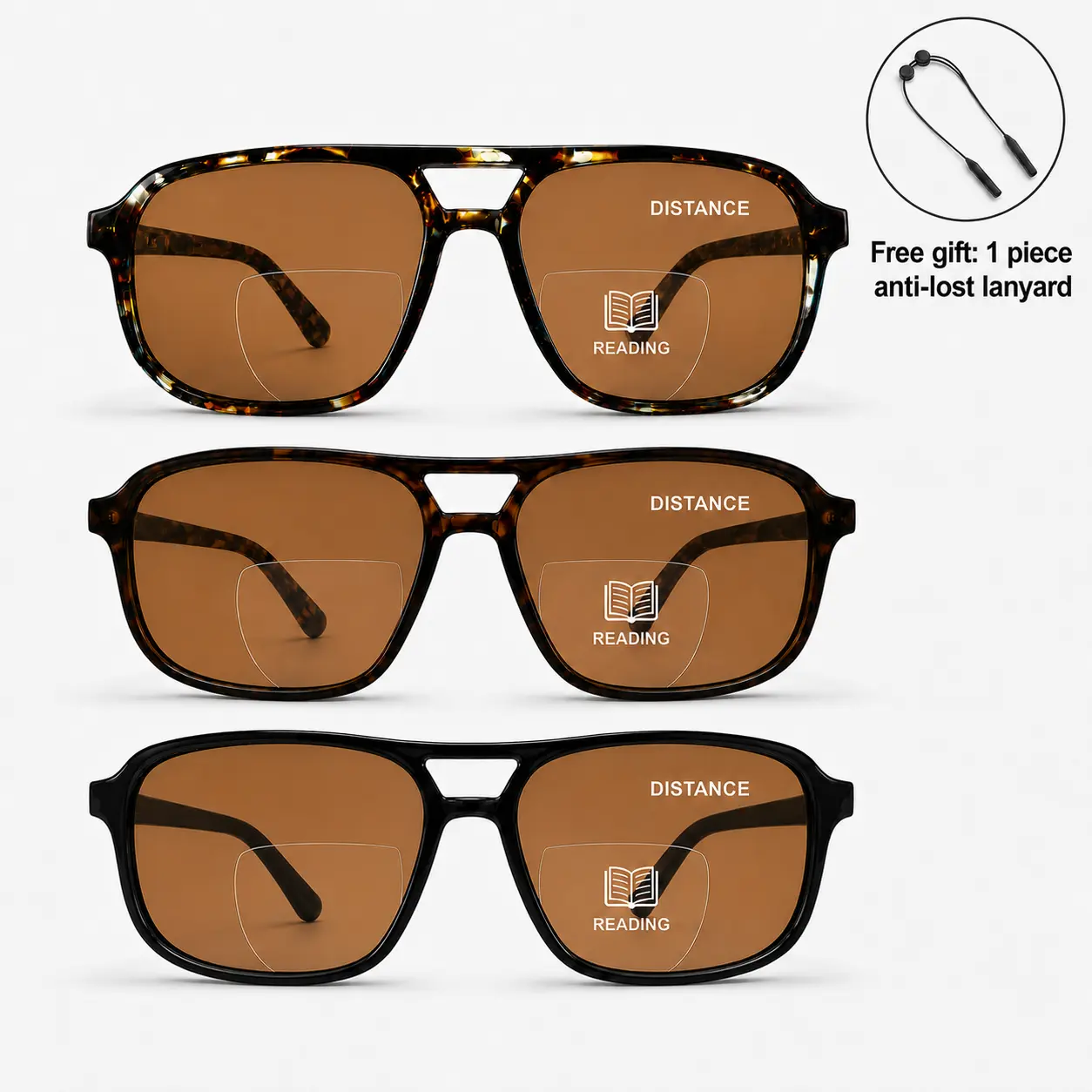 Unisex Square Tinted Bifocal Sun Readers, UV400 Protection Driving Reading Sunglasses Lightweight Built-in Reading Zone Eyewear, Free Anti-Lost Neck Lanyard Included for Outdoor Daily Use