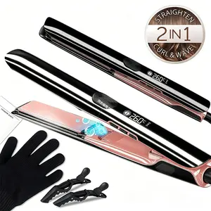 1 PC Hair Straightener 1 Inch Flat Iron and Curler 2 in 1 Titanium Ceramic Ionic Dual Voltage Straightener with Heat-Resistant Silicone, for Less Frizz, Shinier & Smoother LCD Display & Heat Resistant Glove