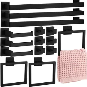 15 count Bathroom Hardware Accessories Set 23.6 Inch Bath Towel Bar Kit Stainless Steel Bathroom Hardware Set Towel Racks Ring Hooks Paper Holder for Wall Mounted (Black)