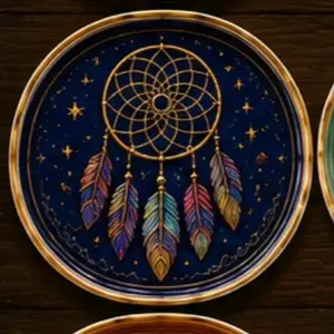 Dream Catcher Round Vanity Tray with Colorful Feathers and Starry Design for Bathroom Decor