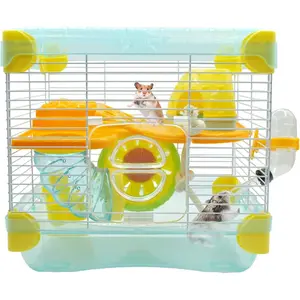 2 Layers Hamster Cage with Tubes Mouse Cage with Accessories Water Bottle Food Dish Transparent Hamster Habitat with Exercise Wheel for Hamster Guinea Pig Gerbil (10.9" x 8.1" x 9.8" Blue)