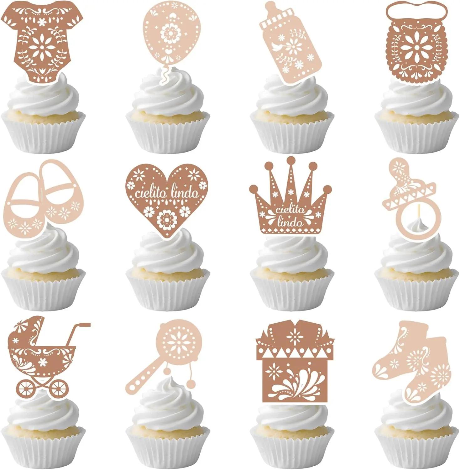 Cielito Lindo Party Decoration Tableware, 24PCS Brown Cielito Lindo Baby Shower Cupcake Toppers Decoration, Mexican Themed Cupcake Toppers Decor Elomy