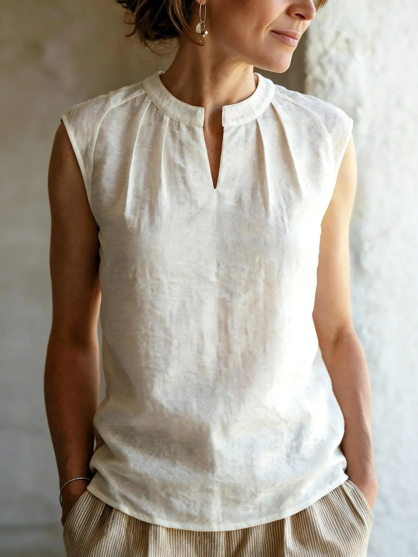 Beige Linen Blend Sleeveless Blouse – V Notch Neck Pleated Casual Top, Casual Daily Tops, Lightweight Breathable Fabric, Elegant Minimalist Style, Versatile for Summer Office & Everyday Wear, Must-Have for Women Womenswear Aesthetic