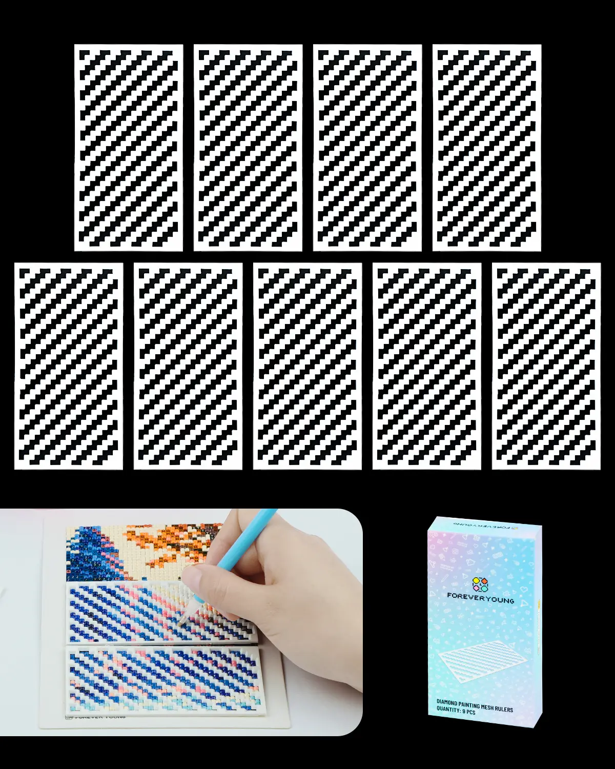 Foreveryoung Diamond Painting Zigzag Rulers – 9 PCS Diamond Art Tools and Accessories for Beginners, Fits Square Kits for Adults, Keeps Drills Aligned