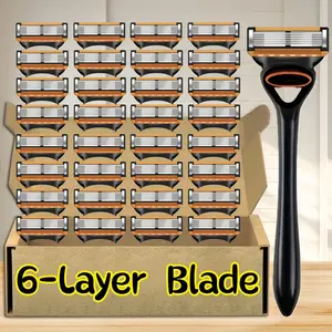 Men's Manual Shaving Razor Set, Safe Rust-Resistant Blades, 6 Layer Stainless Steel, Easy Replacement, Washable Material