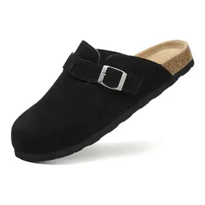 VENECORE Luna Women's Clogs - Black Genuine Soft Suede Mule Slide with Cork Footbed for Comfort & Style - Classic Slip-On Design