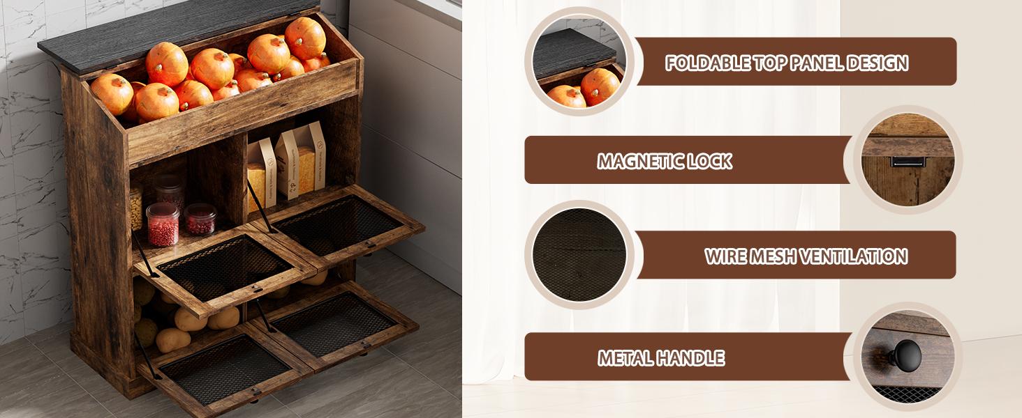 Large Potato Storage Wood Bin, Wooden Bread Storage Bins, Decorative Potato and Onion Storage Bin with 4 Doors, Potato Bin with Grocery Section, Wooden Vegetable Storage Box with Lid