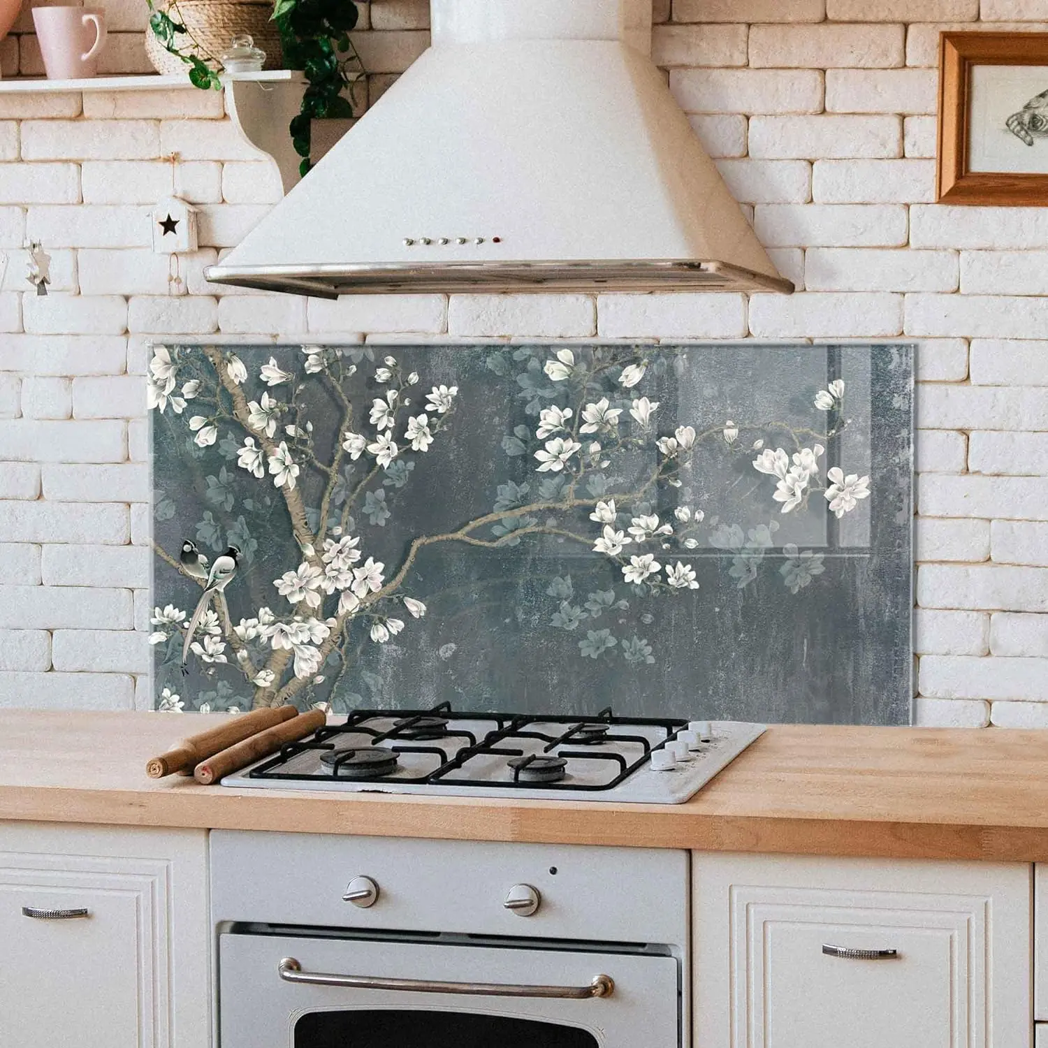 GCKG Beautiful abstract white floral dark brown background Tempered Glass Kitchen Backsplash, Stove Back Cover, Stove Splashback, Cutting Board, Kitchen Wall Decor