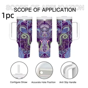 1pc 40oz "Purple Paisley Bohemian" Insulated Tumbler with Straw & Handle | Bold Colorful Paisley Print | Portable Thermal Mug for Hiking, Camping & Commute | Ideal Gift for Boho Enthusiasts & On-the-Go Style Lovers