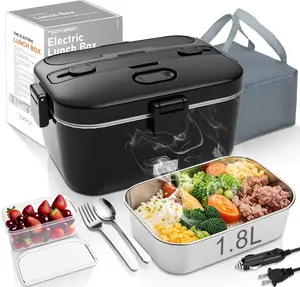 COZYEXPERT Electric-Lunch-Box-Heated-Food-Warmer 100W Heating Lunchbox for Adults 1.8L Portable Food Heater for Work/Car, 12V/24V/110-230V Lonchera Eléctrica Portátil with Fork Spoon (Black)