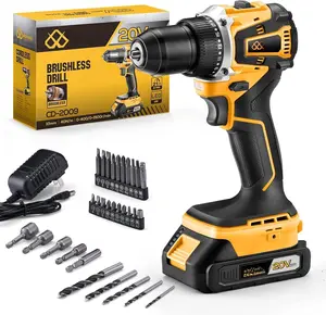 20V Brushless Cordless Lithium- Drill Set, Compact Design, Yellow Rechargeable Lithium- Drill Kit, including 2.0Ah , Charger and 3/8-inch Keyless Chuck