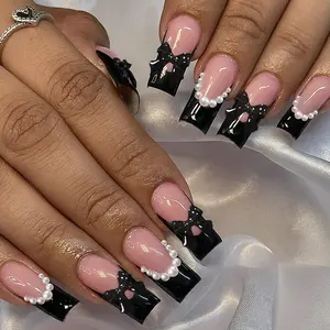 24pcs European Style Medium Length Square French Press-On Nails, DIY Fake Nails, DIY Nail Art, Sweet Cool Heart Pattern & 3D Bow Design, Perfect for Parties and Daily Wear