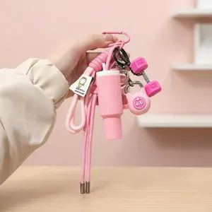 Cute Mini Water Bottle Keychain for Girls with Dumbbell Kettlebell Charms and Braided Strap Perfect Party Gift for Students Commuters to Attach on Backpacks Bags or Keys