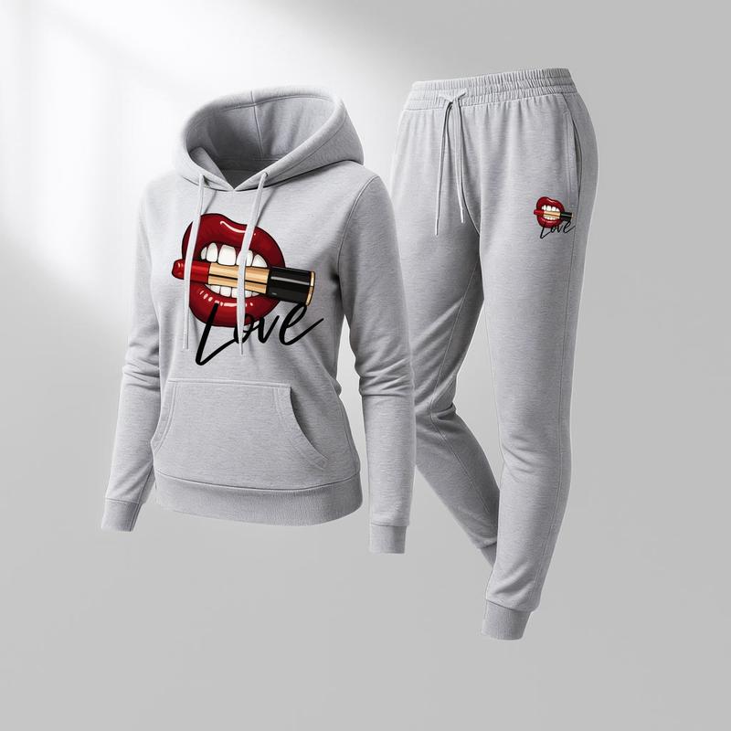 Women's Lipstick Love Letter Print Hoodie And Drawstring Track Pants Set, Casual Sportswear, Long-Sleeved Hooded Jacket And Pants, Suitable For Autumn And Winter, Everyday Wear, Indoor And Outdoor Sportswear, Casual Sportswear.
