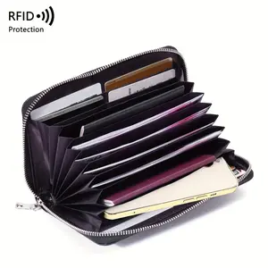 Genuine Leather RFID Blocking Long Wallet for Women Multi-Functional Travel Clutch Purse with Zipper Closure Card Slots Coin Pocket & Large Phone Compartment Minimalist Solid Color Design