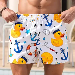 Men's little yellow duck sailing printing quick-drying beach shorts, light and breathable fabric, drawstring waist, childlike vacation style, suitable for daily street and seaside vacations and other scenes