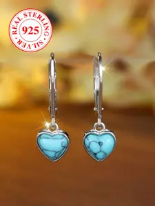 925 Sterling Silver Heart Shaped Turquoise Decor Dangle Earrings, Fashionable Jewelry for Women, Trendy All-match & Exquisite Jewelry for Birthday Gift