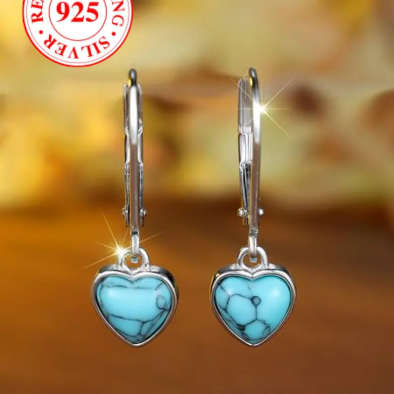 925 Sterling Silver Heart Shaped Turquoise Decor Dangle Earrings, Dangling Earrings, Fashionable Jewelry for Women, Trendy All-match & Exquisite Jewelry for Birthday Gift