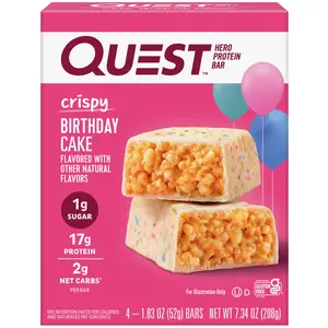 Quest Crispy Hero Protein Bar, Birthday Cake Flavor, Low Sugar, 4 Count - Complete Protein Snack - Vegetable