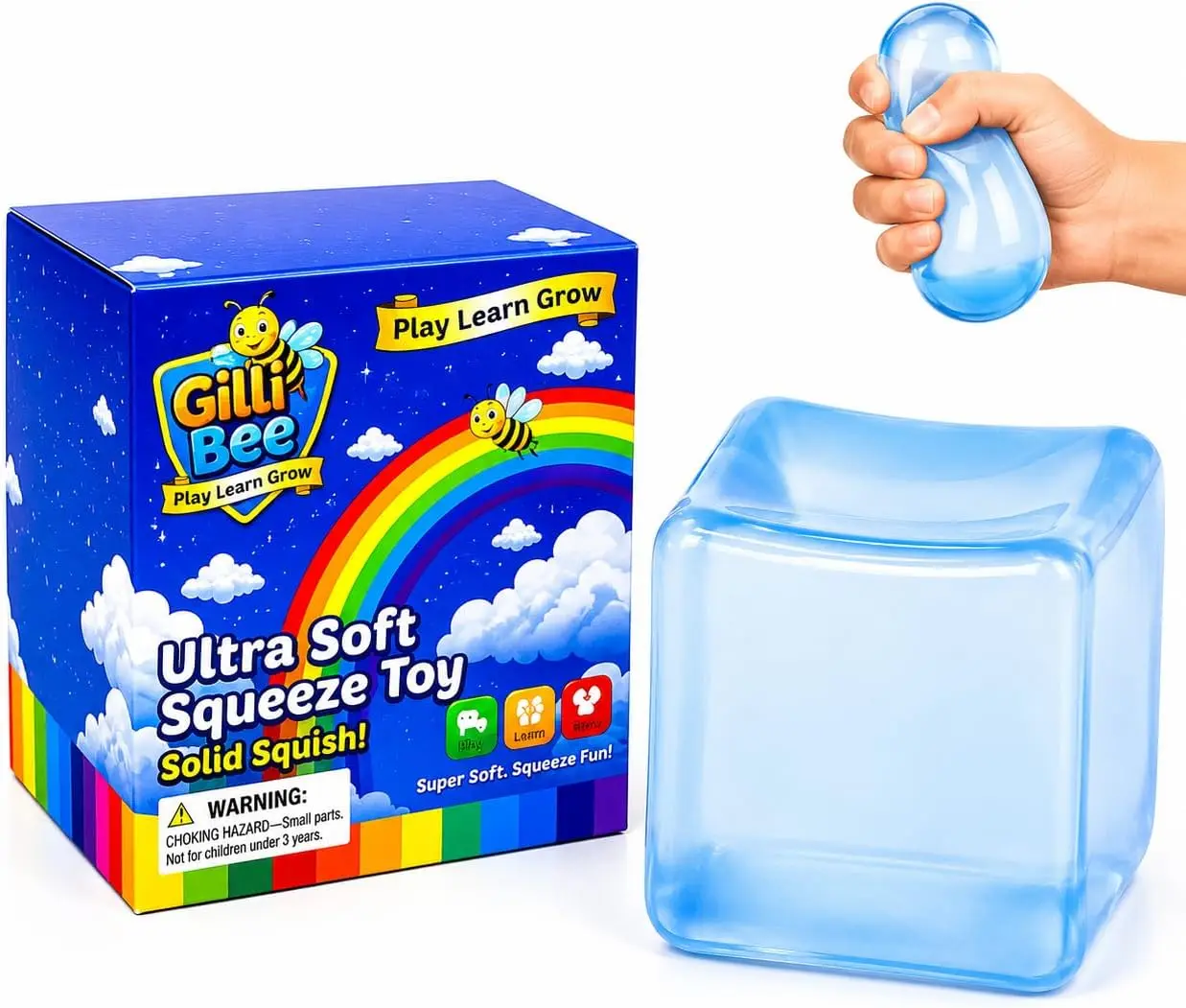 Clear Squeeze Cube 1.97in Blue - Ice Touch Sensory Toy | Blue clear squeeze cube, ice touch sensation, stress relief fidget toy for kids and adults, non-toxic TPR, ASTM tested