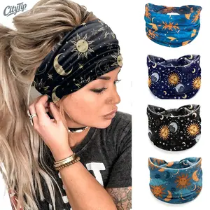 Star Moon Headbands for Women Girls, Wide Knotted Non Slip Wraps Elastic Yoga Turban, Fashion Soft Hair Wrap Hair Bands, Boho Celestial Hair Accessories for Daily Wear Yoga Sports