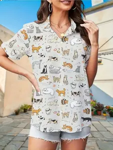 2026 Women's Summer New Cartoon Cute Pet Print Short Sleeve Shirt, Loose-Fitting Casual Button-Down Top, Trendy Ladies' Clothing