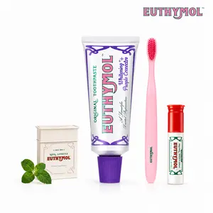 Euthymol Affordable Glossy Teeth Routine Set (Pink/Purple) - Removes Coffee & Tea Stains, Instantly Brightens Yellow & Sensitive Teeth, 1100ppm Fluoride, Cavity Protection, Toothbrush, Dental Floss, Stainless Tongue Scraper, Korean Oral Care