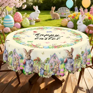 BLIOWL Easter Printing Tablecloth,Featuring a Design Of a Spring Rabbit And The Words "Happy Easter".Available In 60-Inch Round And 60×86-Inch Rectangular Tablecloths.A Washable Seasonal Tablecloth Perfect For Decorating Parties,Picnics,And Dinners