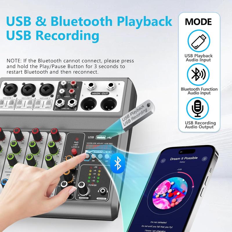 NLBN Professionele Audiomixer Audio Sound Mixer 4 Channel Mini Mixing Console Bluetooth Usb Pc Speel Record Karaoke Portable Dj Controleur Ag As04a Klankbordconsole Color White