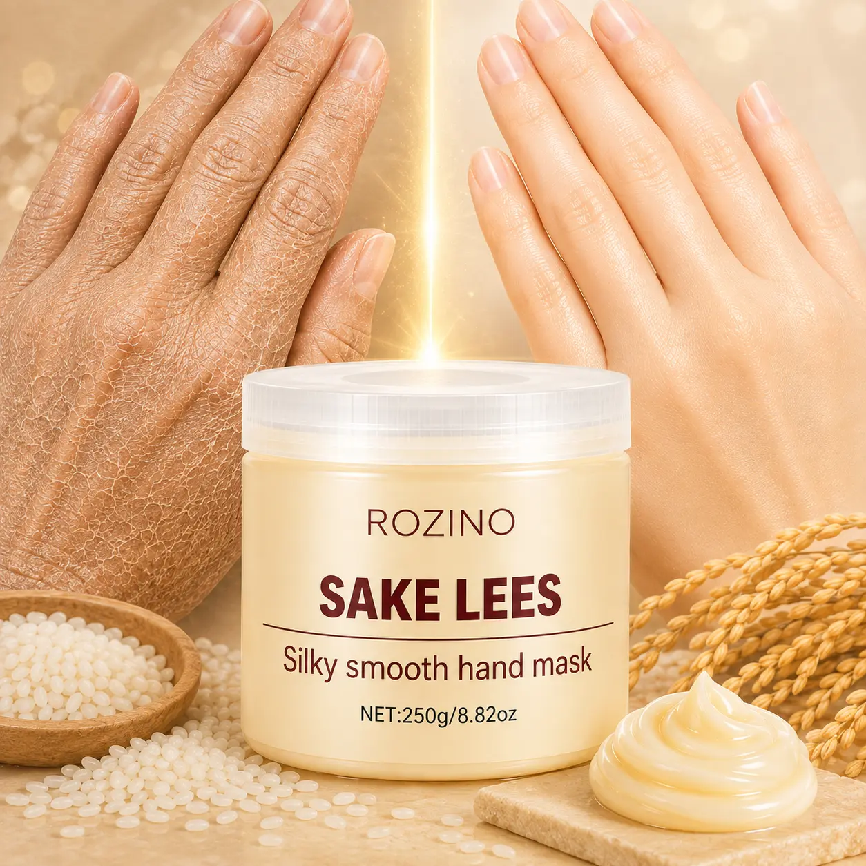 ROZINO Sake Lees Hand Mask - Hydrating Hand Mask for Dry Hands, Moisturizing & Softening Treatment, Helps Improve Roughness and Dull-Looking Skin, 280g