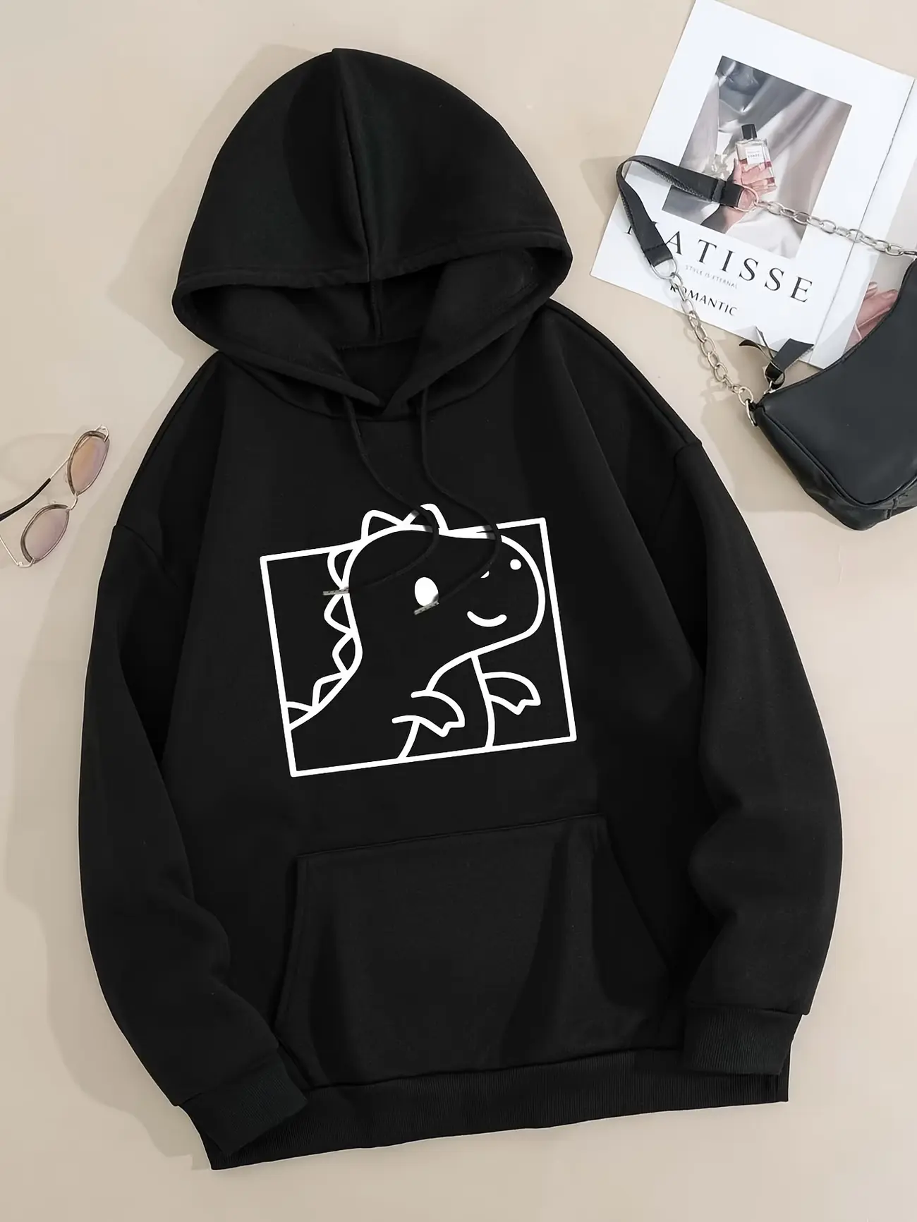 Cartoon Dinosaur Print Drawstring Hoodie, Cute Kangaroo‑Pocket Long‑Sleeve Pullover, Women Daily‑Wear Apparel