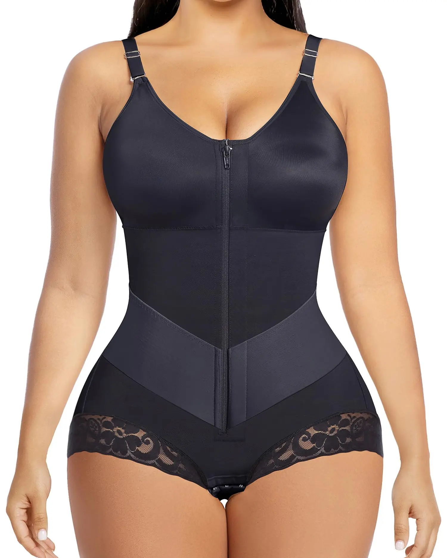 ChicCurve Women's Tummy Control Shapewear Bodysuit, High-Waisted Seamless Sculpting Shaper with Front Zipper, Adjustable Straps and Comfortable Lace Detail, Breathable Body Shaper for Waist Slimming and Everyday Tummy Control