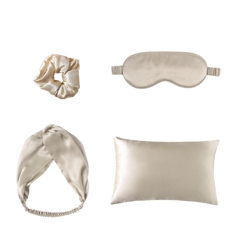 Double-sided Satin Champagne Eye Mask Pillowcase Hair Tie Four-piece Set for Sleep Aid and Shade Imitation Silk Material Simple Style