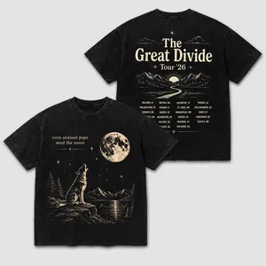 Noah Kahan Orbiter Shirt, The Great Divide Tour 2026 T-Shirt, Even Anxious Pups Need The Moon Graphic Tee, Vintage Washed Black Heavyweight Cotton Streetwear, Wolf Celestial Moonlit Folk Pop Concert Merchandise Top, Aesthetic Comfort Colors Style
