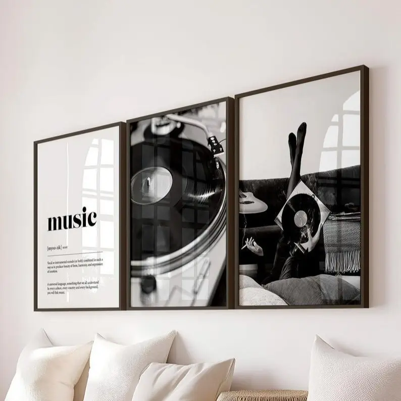3-Piece Unframed Music Poster Prints Set - Music Definition, Turntable, Vinyl Record Art for Black and White Home Decor
