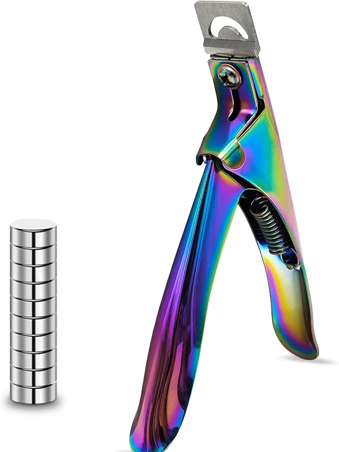 Acrylic Nail Cutter with Magnet Sizer & Length Measurement,Adjustable Stainless Nail Trimmer for Salon Home Nail Art, Professional Nail Clippers for Precise Manicures (Rainbow)