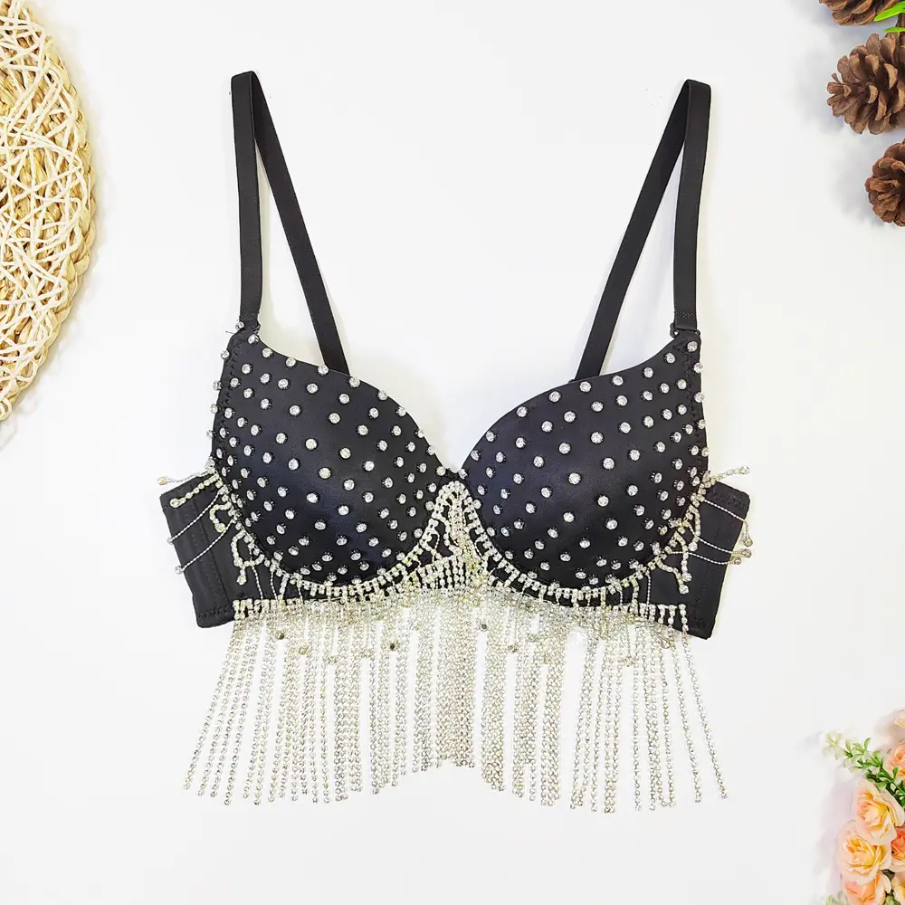 Women's Sexy Halter Corset Top, Hand-Stitched Sleeveless Rhinestone Beaded Crop Top with Tassels for Party, Nightclub & Belly Dance, Lady