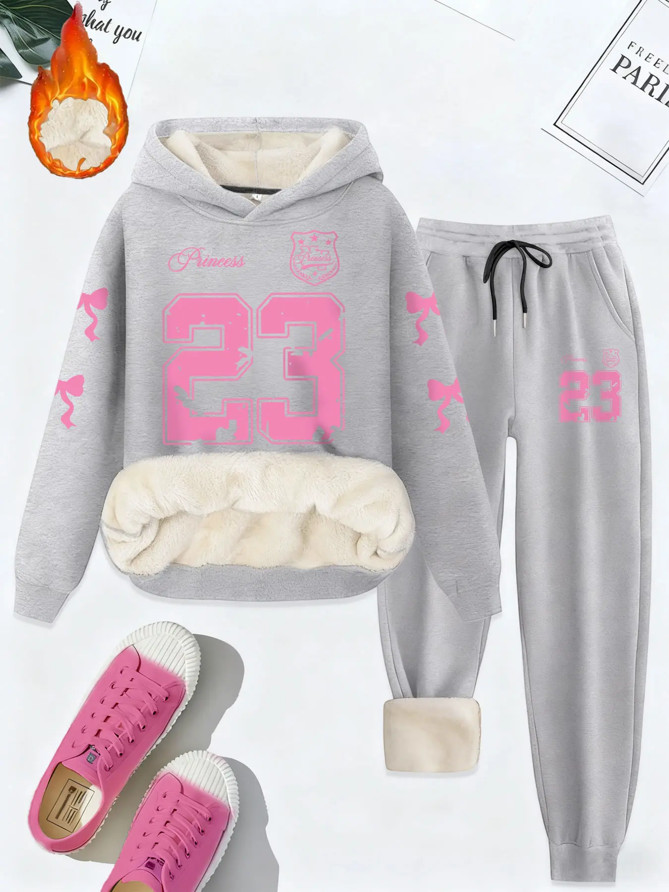 Women's Fashion Casual Loose Fitted Sweatpants Set, Letter Print Hooded Polar Fleece Jogger Pants, Fall & Winter