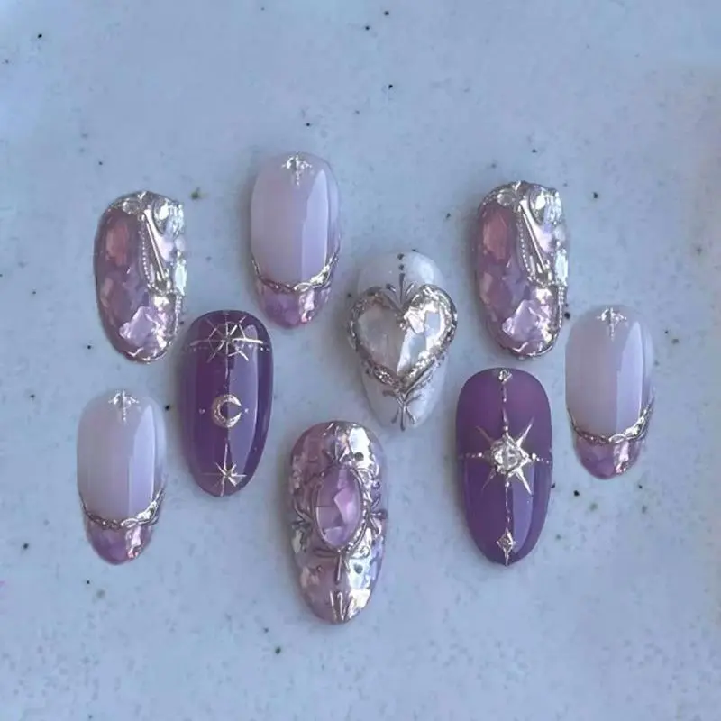 24pcs Diamond Love Design Nails Sets Press on Purple Short Almond False Nails Tips Wearable Rhinestone French Oval Fake Nail Art