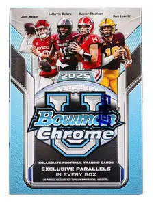 Bowman 2025 Chrome University Football Sealed Blaster Box with 2 Inserts 1 Refractor Parallel & 3 SKU Exclusive Parallels for Collectors