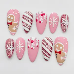 Terra Nails – Christmas Pink Snowflake Gingerbread Man Press On Nails - Candy Cane Holiday Fingernails - Handmade Fake Nails