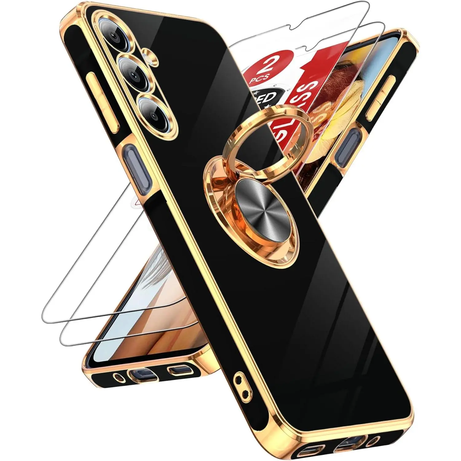 for  Galaxy A16-5G Case: with 2 Pack Tempered Glass Screen Protector and 360? Rotatable Ring Holder  Kickstand,  Rose  Edge para Galaxy A 16 5G Case, Black